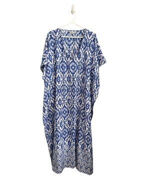Gypsie Blu Blue and White Ikat Maxi Dress Coverup V-Neck Caftan One Size